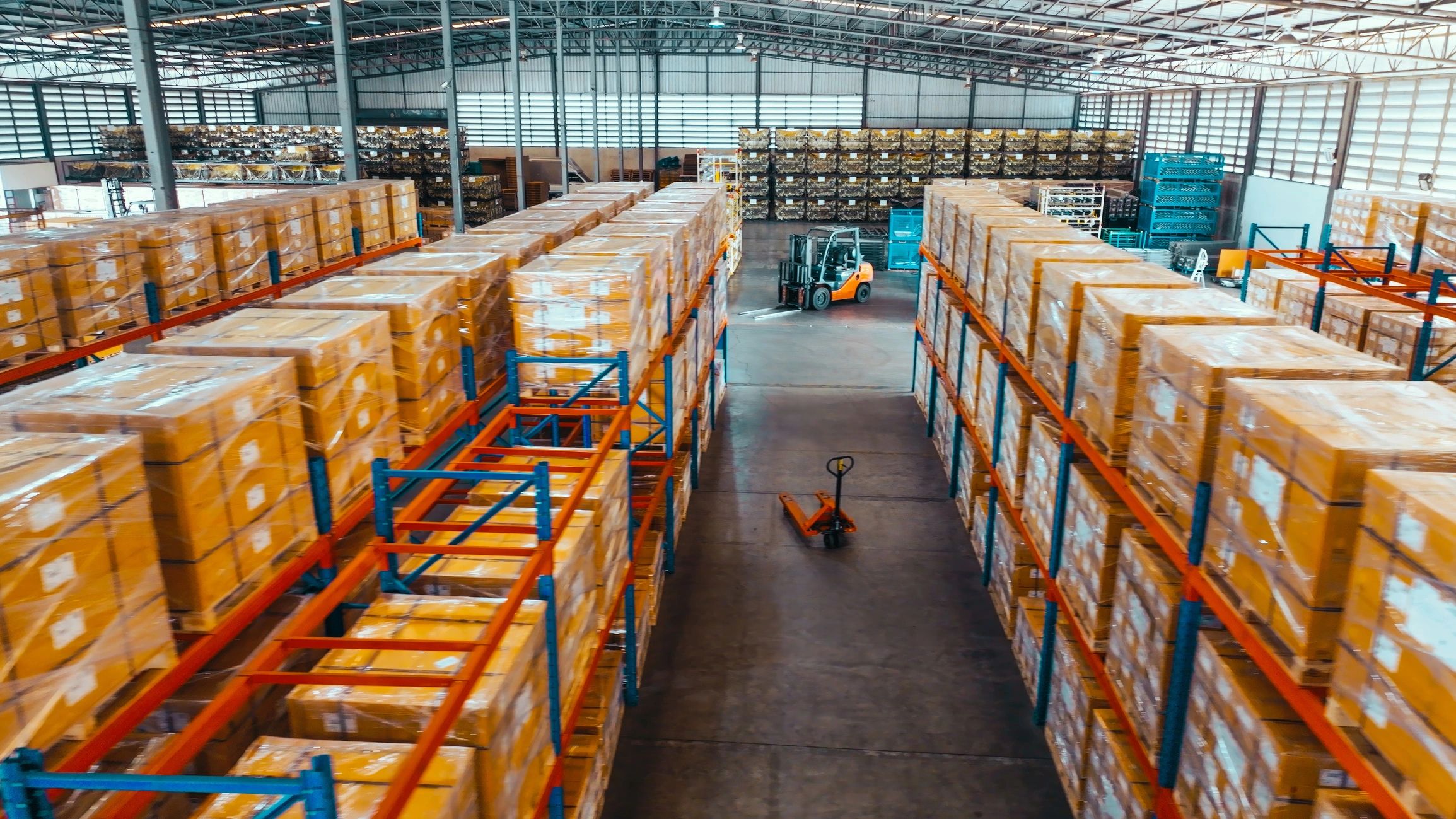 Warehouse shelving and cargo storage in a logistics facility